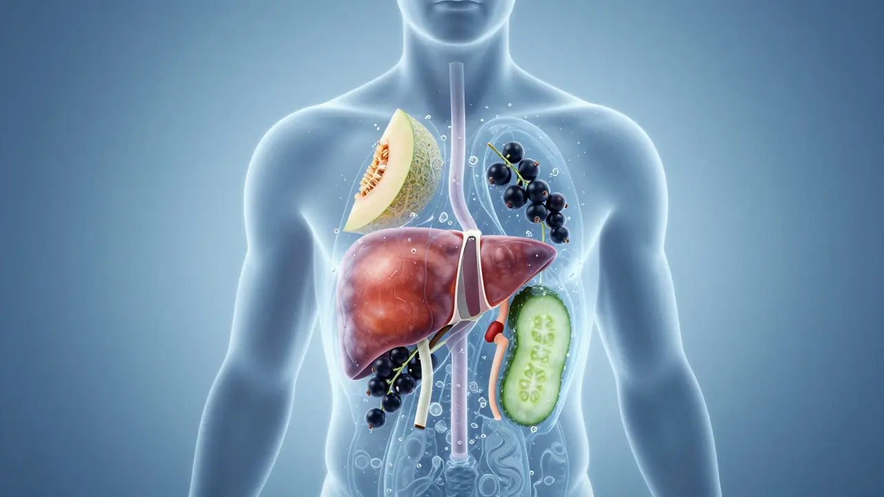 Silhouette with internal pathways of detoxifying fruits supporting liver and kidneys.