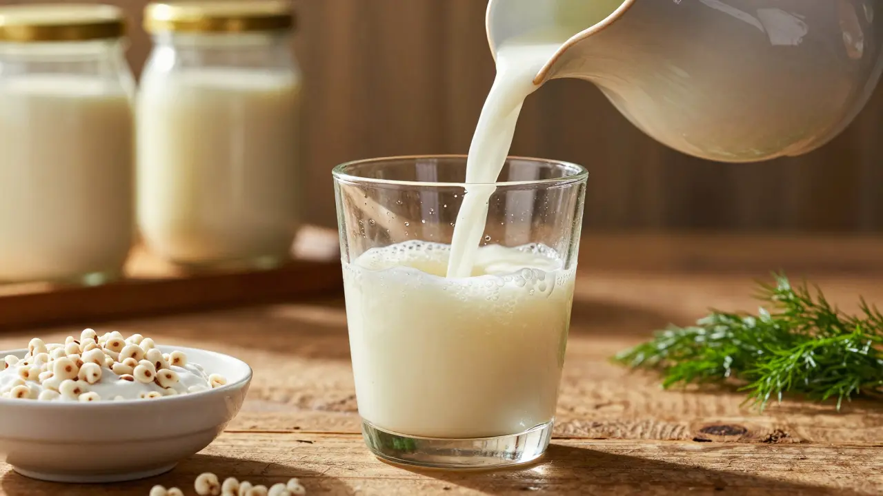 Sklenice kefíru s zrnky na dřevěném stole