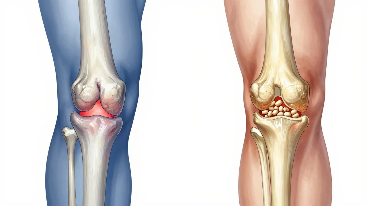 Srovnání degenerovaného a zdravého kloubu s kolagenovými peptidy stimulujícími obnovu chrupavky.