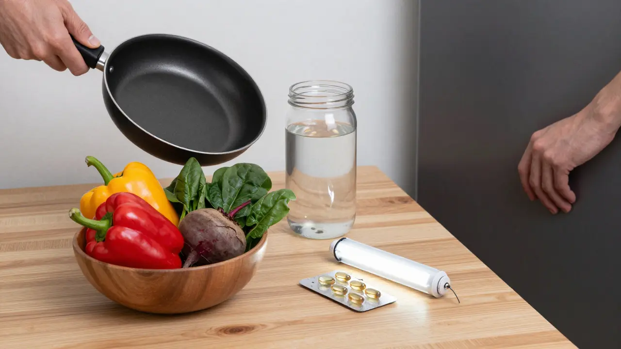 Srovnání syré zeleniny a rozpadající se vitamínové tablety na stole, s vylučovanými vitamíny ve vodě a rukama, které připravují jídlo.