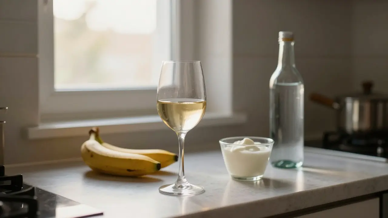 Tichá kuchyně ráno s bezalkoholovým vínem, banánem, jogurtem a vodou na skleněném stole.