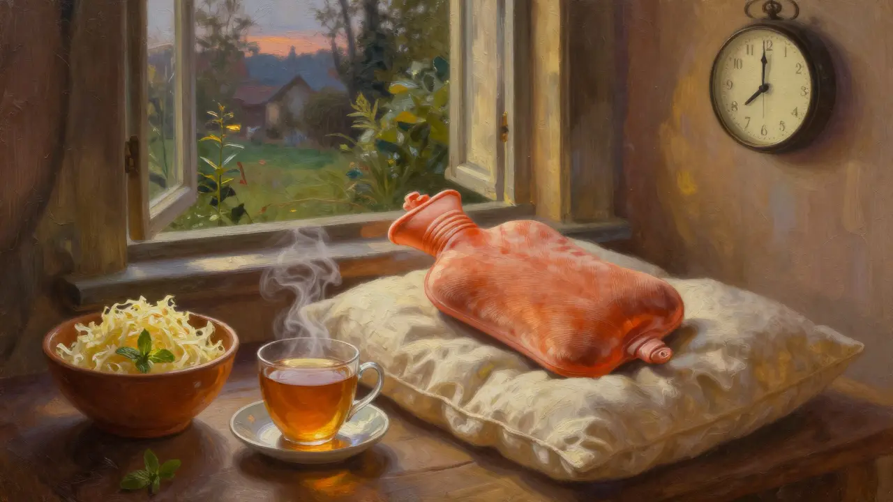 Tichý večerní scénář s čajem z máty, kvasným zelím a teplou láhví na břiše.