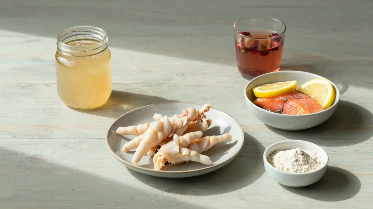 Týdenní plán stravy s vývarem, lososem, kuřecími nožkami a citrónem.