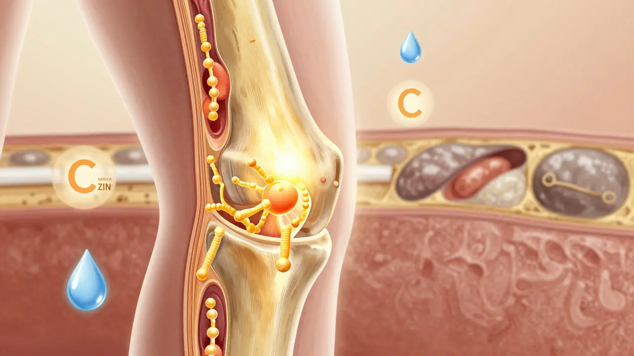 Vnitřní pohled na kolenní kloub s obnovující se chrupavkou a látkami jako vitamín C a voda.