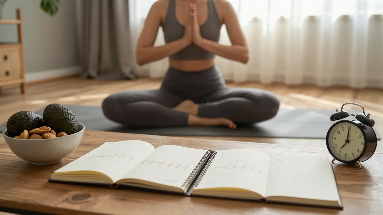 Žena dělá jógu ráno s jídlem pro hormonální rovnováhu na stole.