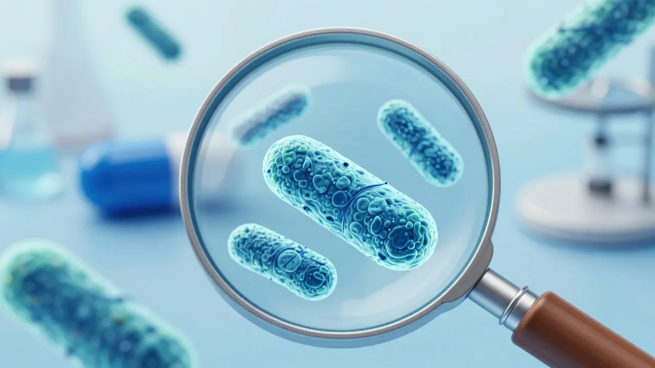 Zvětšovací čočka ukazuje probiotické bakterie v kapsli