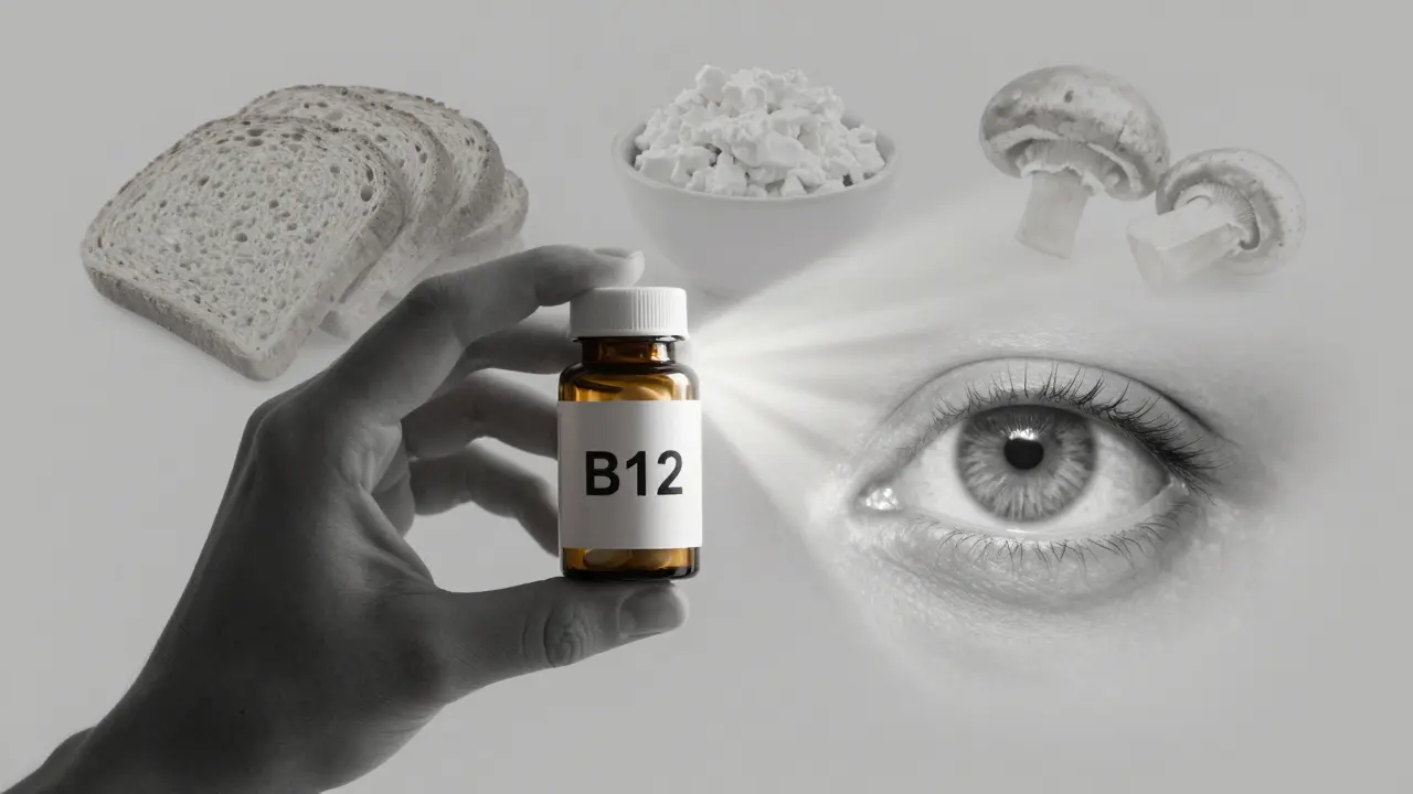 A hand holding a B12 bottle beside contrasting eyes — one clear, one tired — with faint food outlines in background.