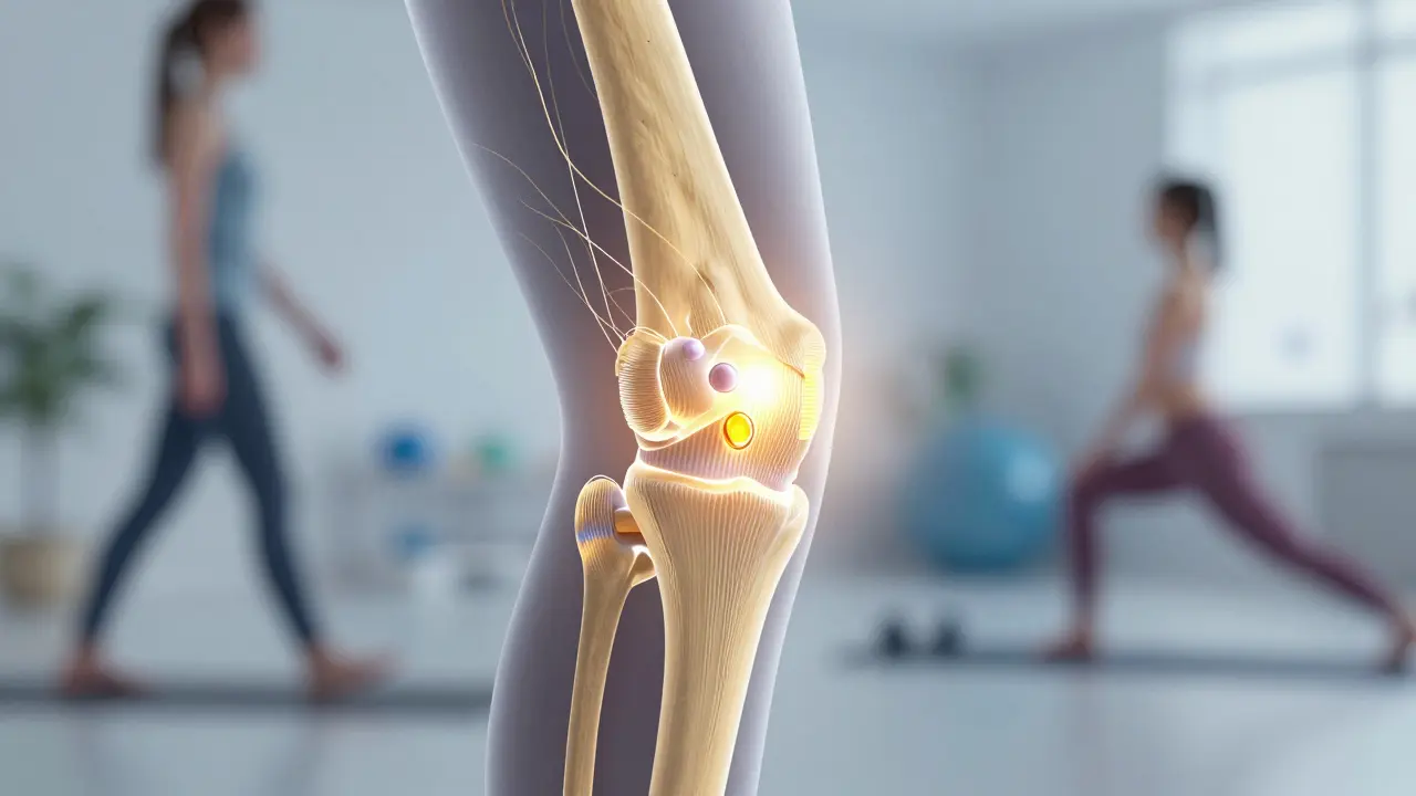 Anatomický výřez kloubu s kolagenem, hialuronovou kyselinou a omega-3 mastnými kyselinami.