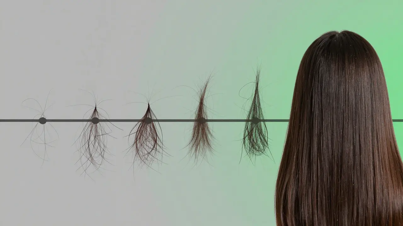 Časová osa růstu vlasů: od řídkých až po husté a zdravé vlasy, znázorňující přirozenou transformaci.