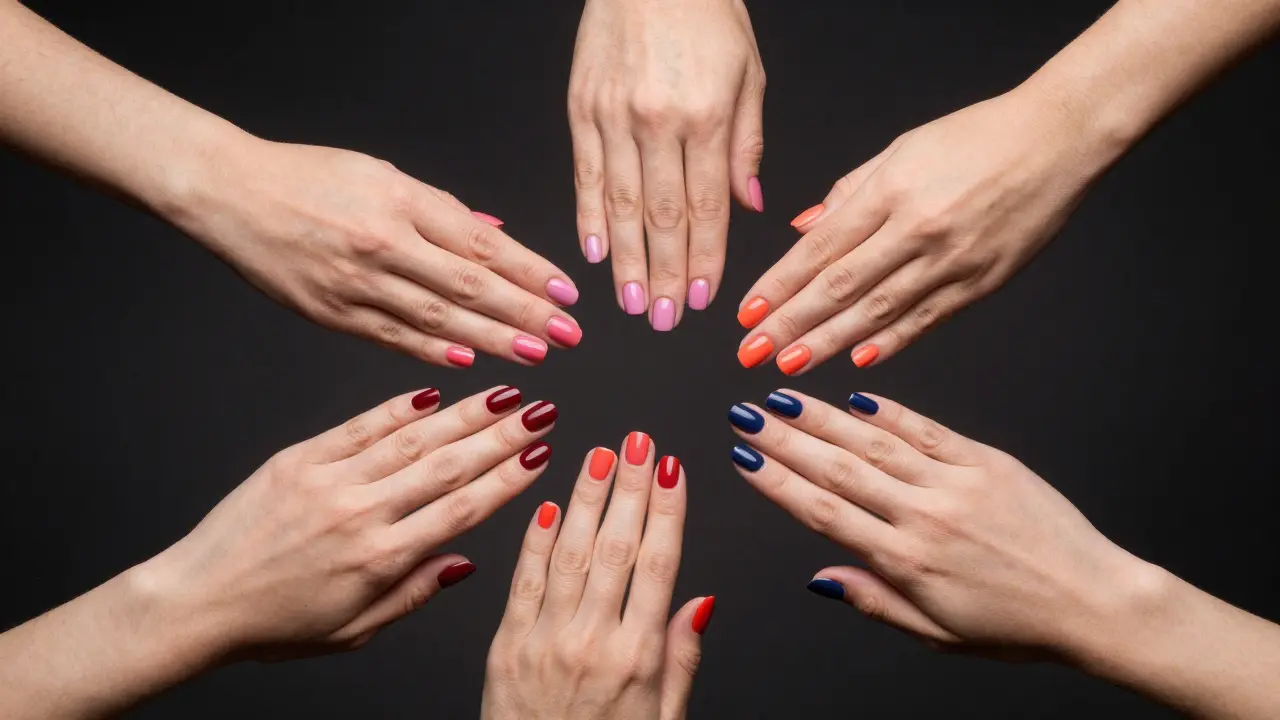 Čtyři ruce s barevnou manikúrou reprezentující roční období