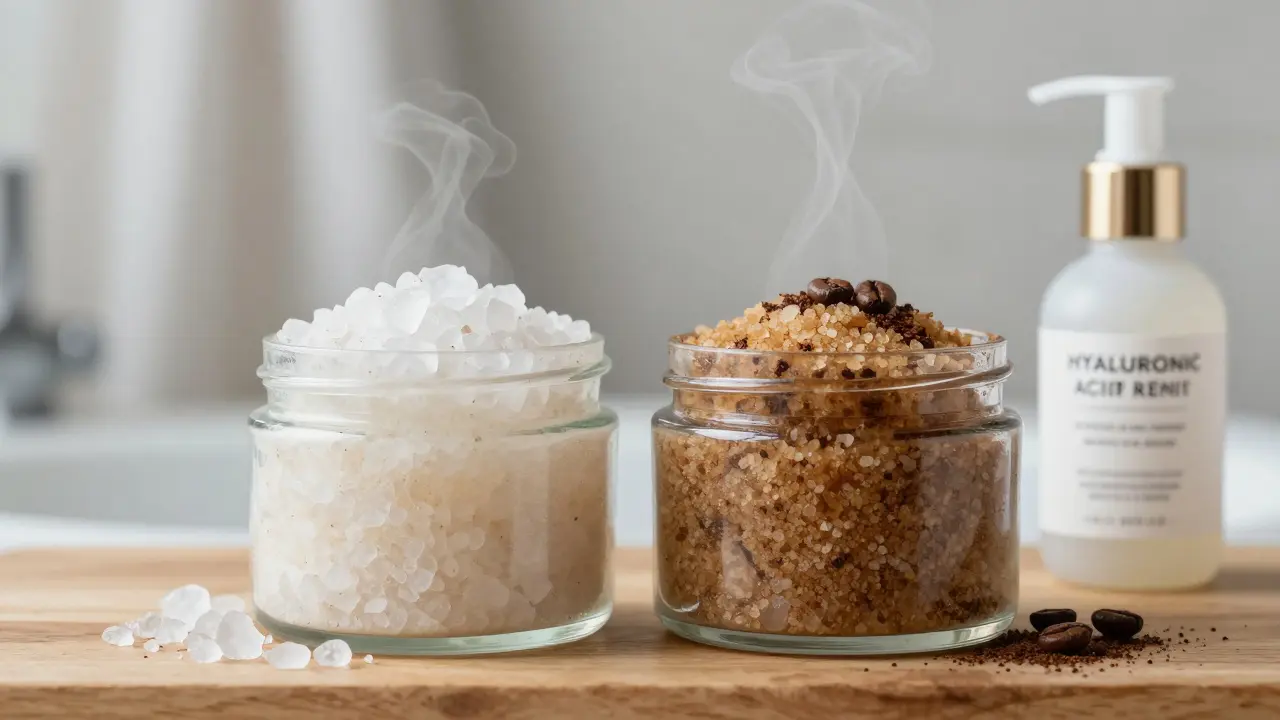 Dva typy tělesného peelingu vedle sebe: cukr a sůl, s hydratačním krémem na pozadí.