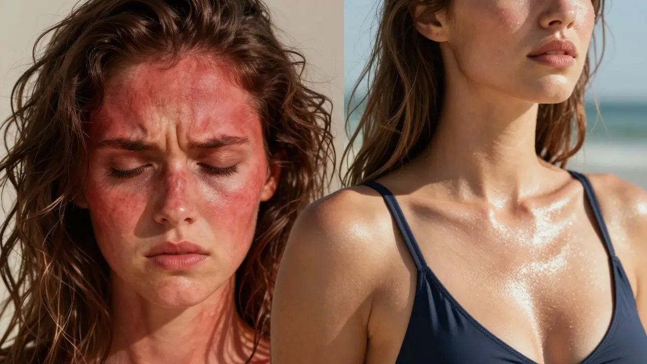 Dvě části obrázku: zdrážděná kůže vs. hladká kůže s plavkami, symbolizující přechod od strachu k pohodlí.