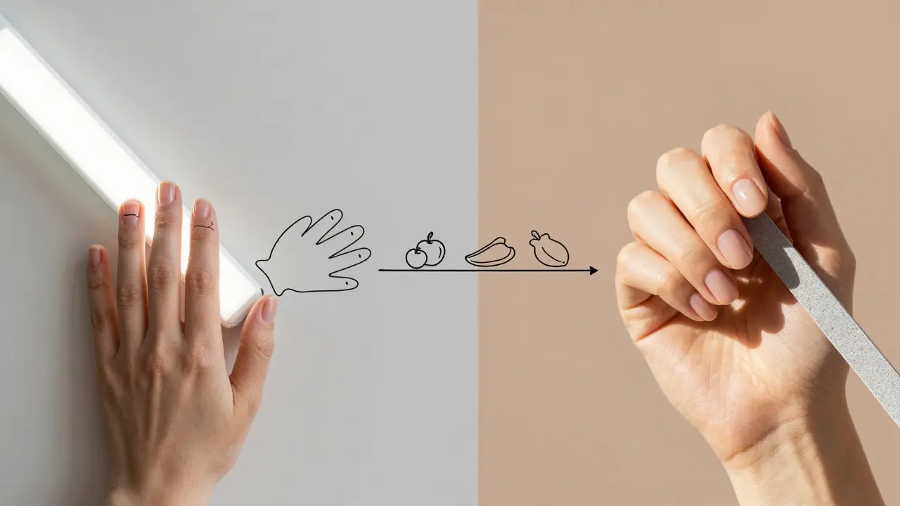 Dvě ruce: jedna s poškozenými nehty, druhá se zdravými, spojené cestou denních návyků péče