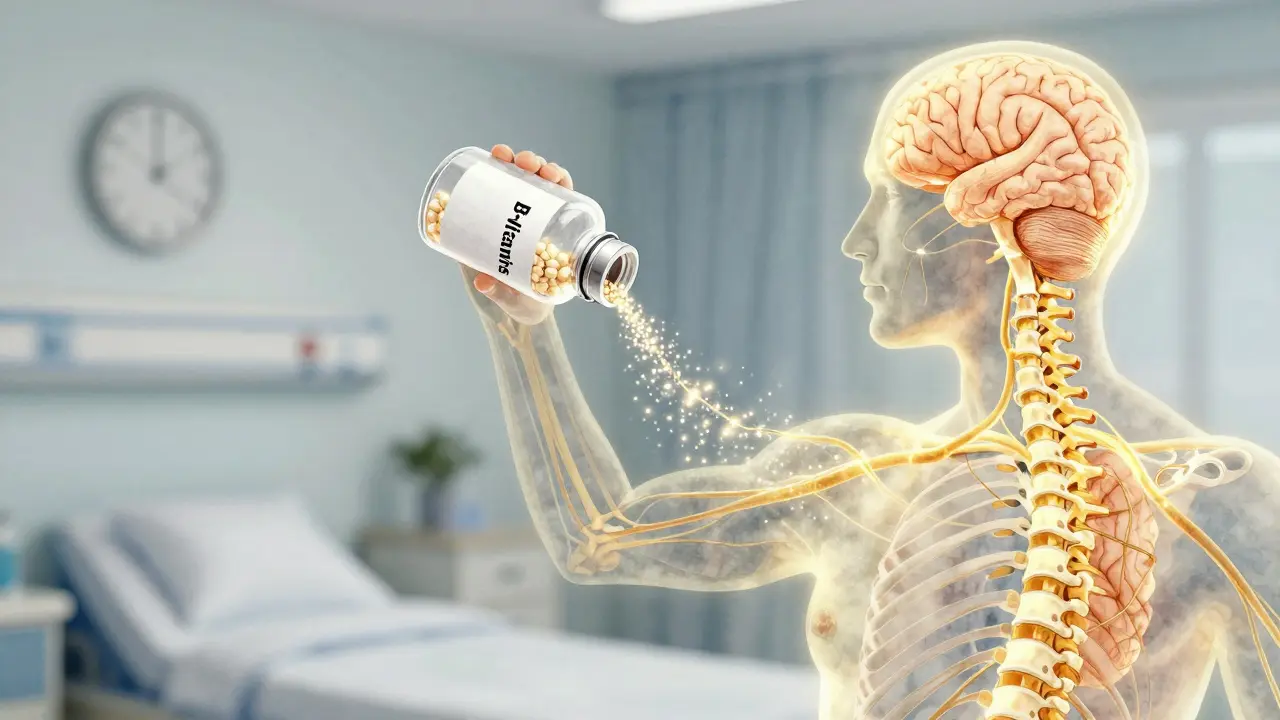 Glowing nerve system receiving B-vitamin particles from a transparent bottle, one side deficient, one vibrant.