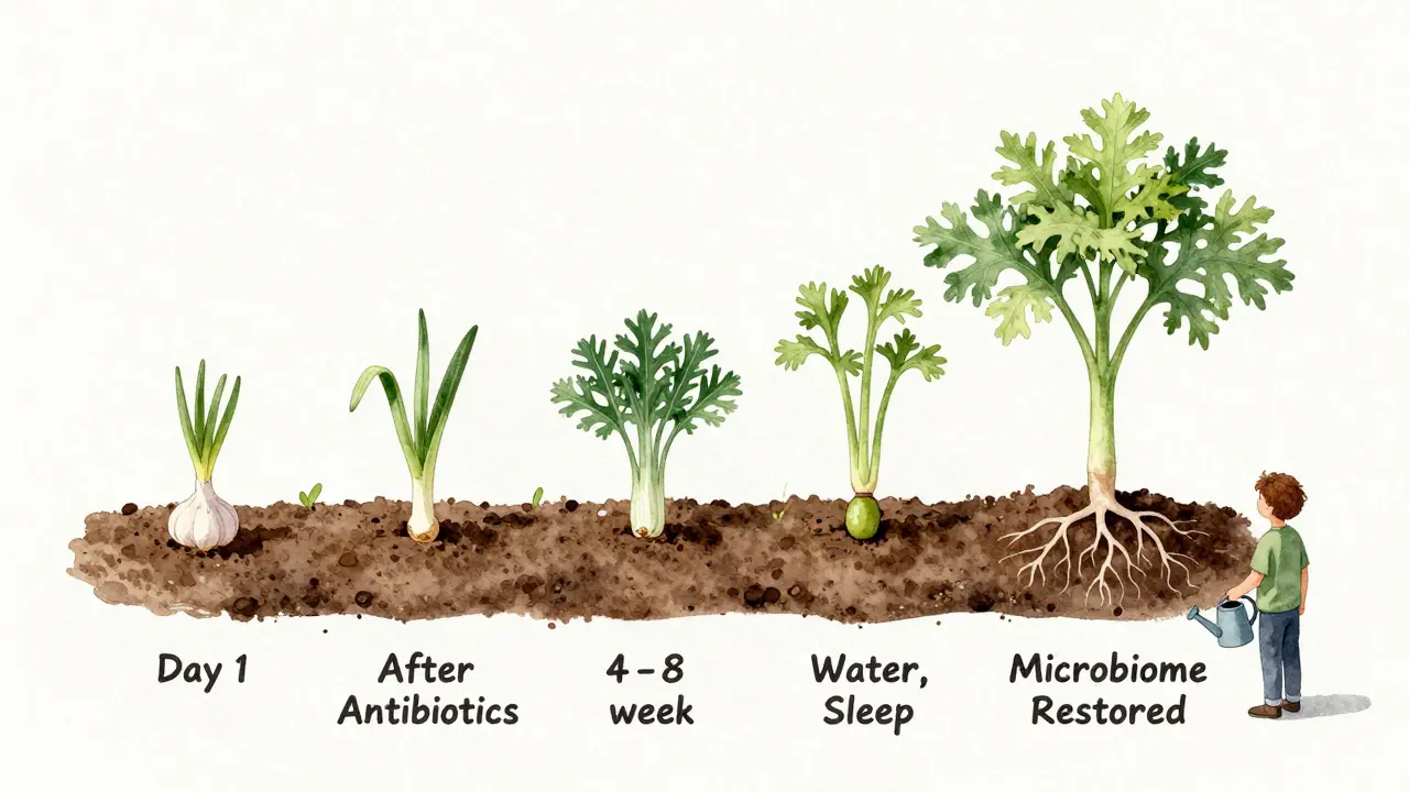 Grafický vývoj obnovy mikrobiomu jako zahrady, která kvete od vyčerpané půdy k plnému zdraví.