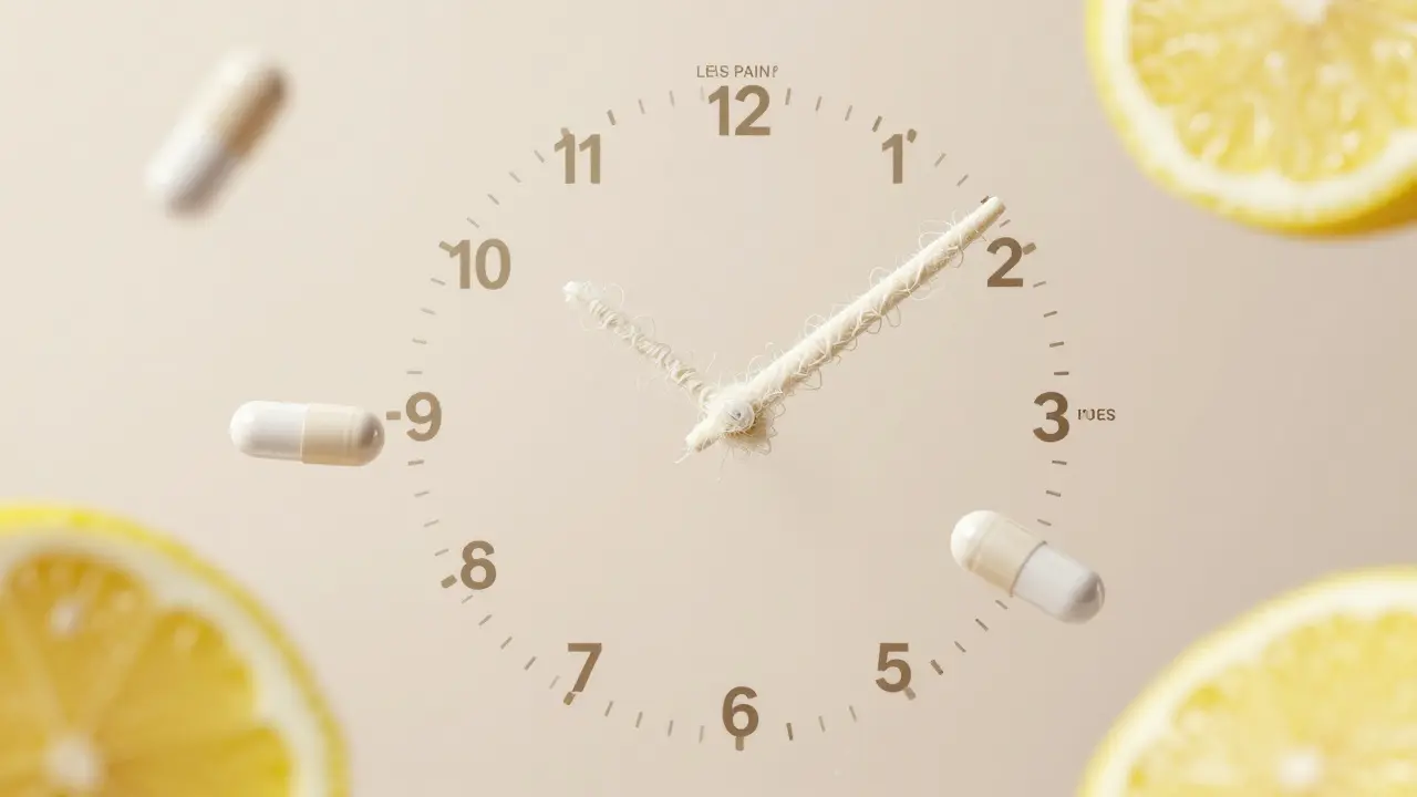 Hodiny s ručičkami tvořenými šlachami, označující postupné zlepšení po 6 týdnech, 3 a 6 měsících užívání kolagenu.