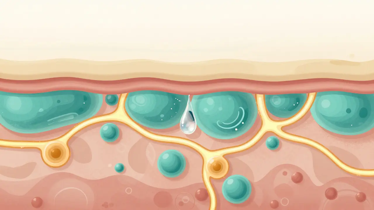 Ilustrace pronikání účinných látek séra hluboko do kůže.