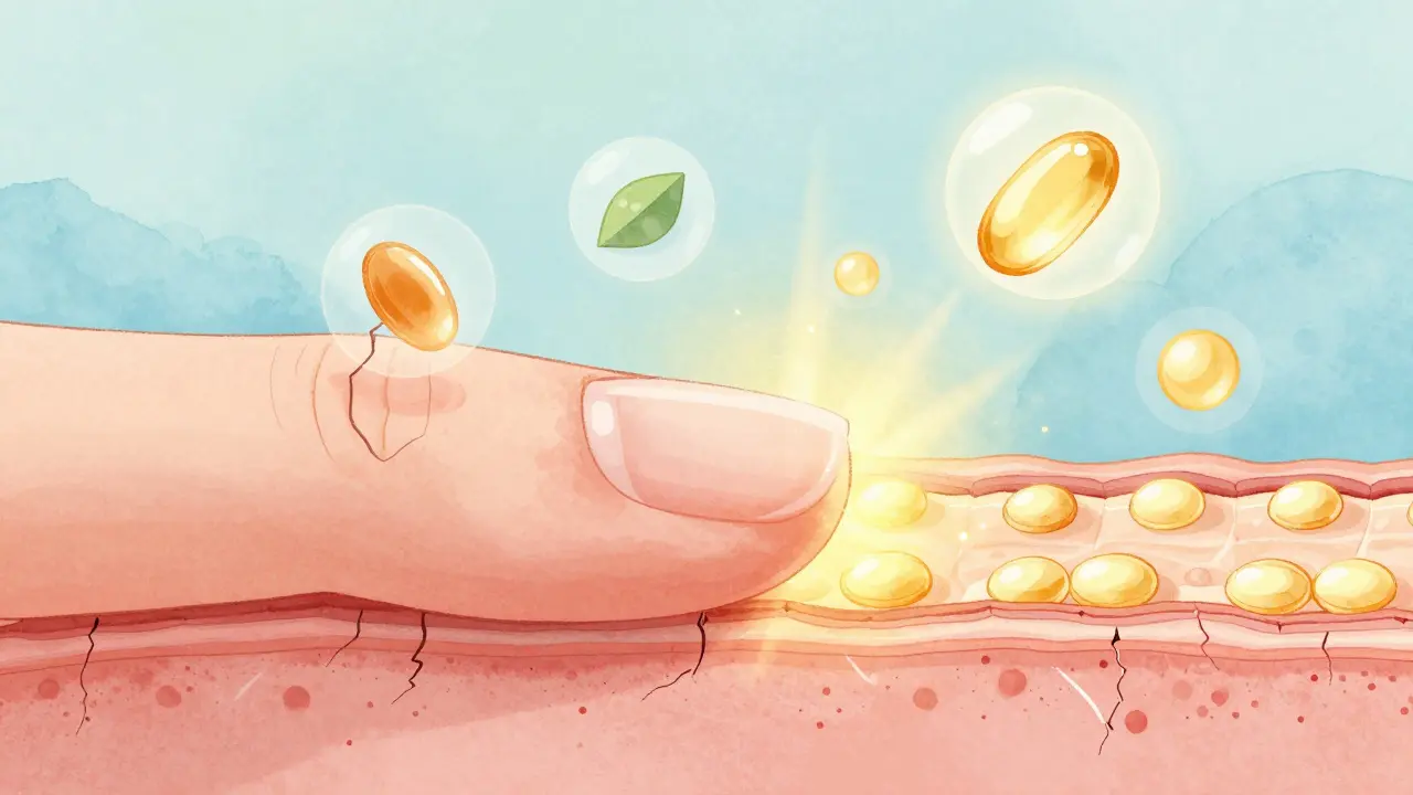 Křížový řez nehtové matice s regenerujícími vrstvami a živinami biotin, zinek a vitamín E