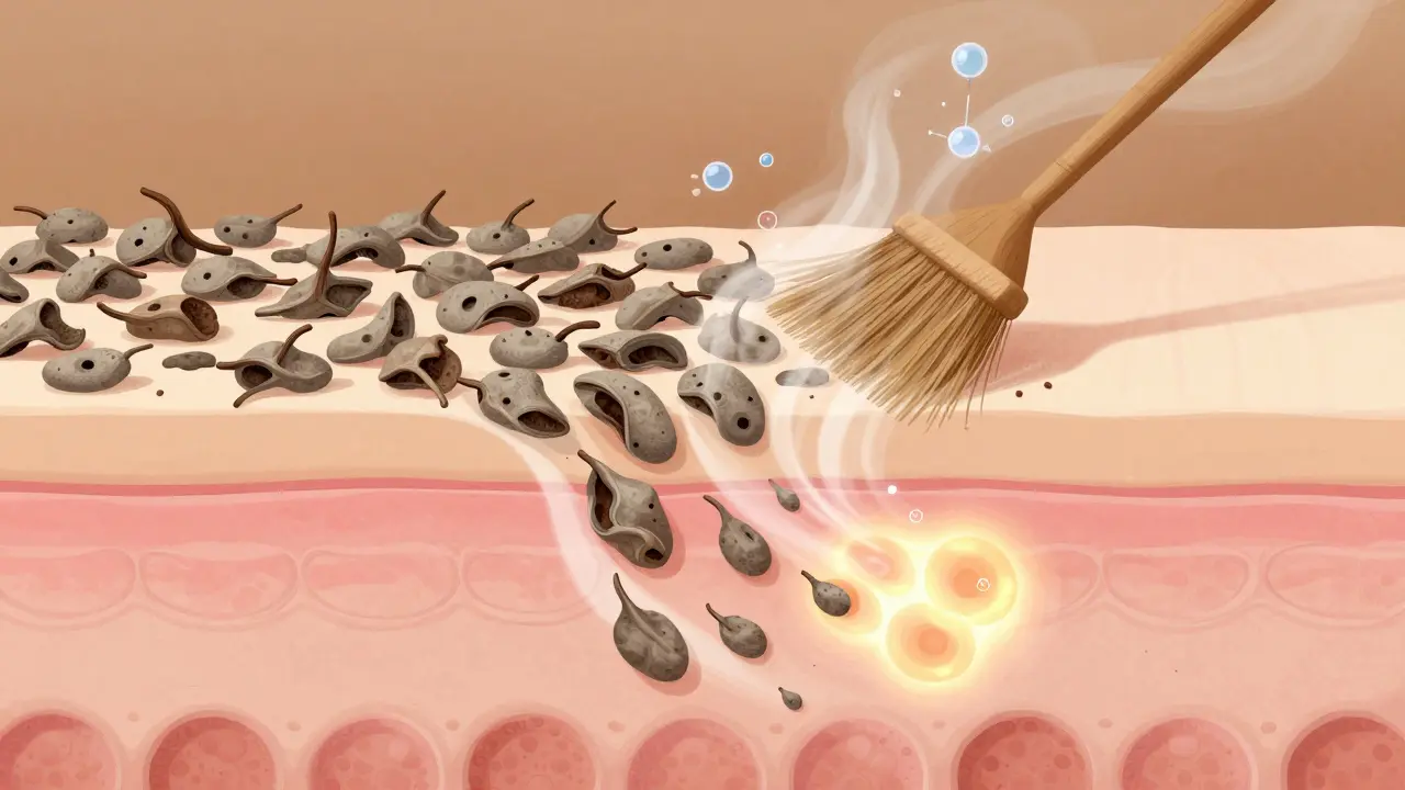 Kůže jako pole: mrtvé buňky odstraňovány, odhalujíce zářivou novou kůži s chemickými molekulami.