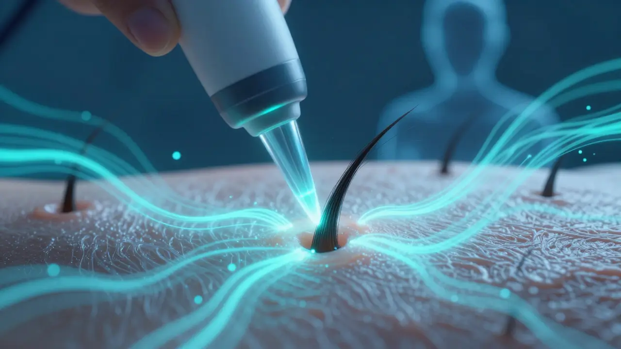 Laserový paprsek cílí na vlasový folikul, symbolizující trvalé zmenšení chloupků.