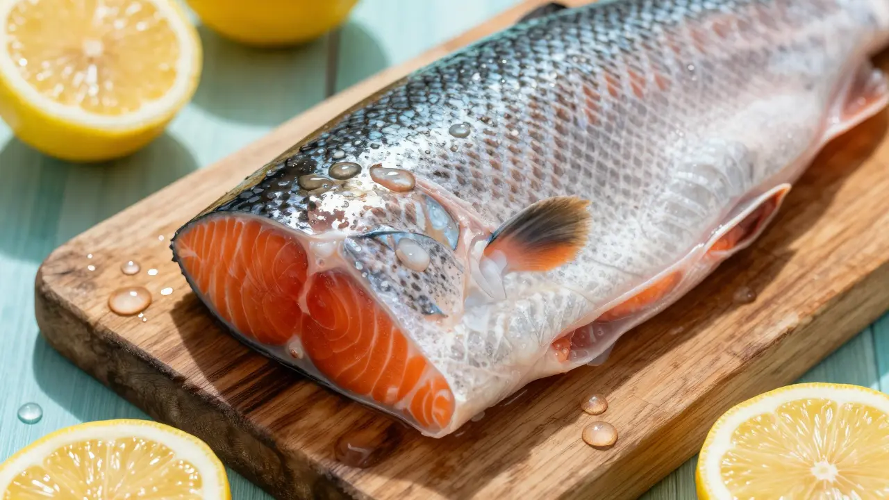 Lesklé rybí šupiny a citrony na stole představují mořský kolagen.