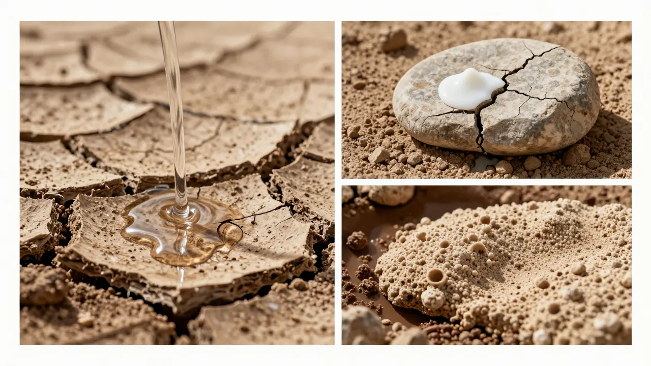 Metaforický obraz kůže jako půdy, kde sérum proniká, ale křehká vrstva blokuje vstřebávání.