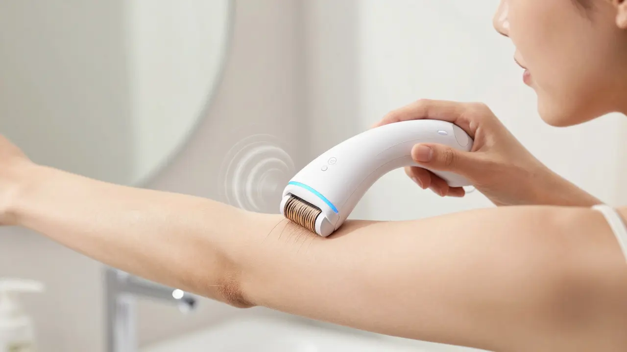 Moderní epilátor odstraňuje chloupky z kůže s jemným vibracím efektem.