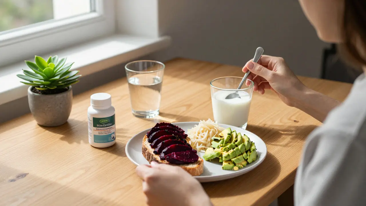 Osoba konzumující rozmanité jídlo s kefírem a probiotikem při přirozeném osvětlení.