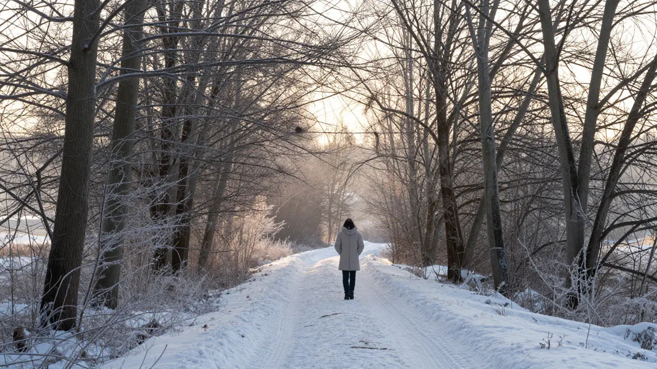 Osobu procházející v zimním lese při svítání, klidně a s přírodními prvky.