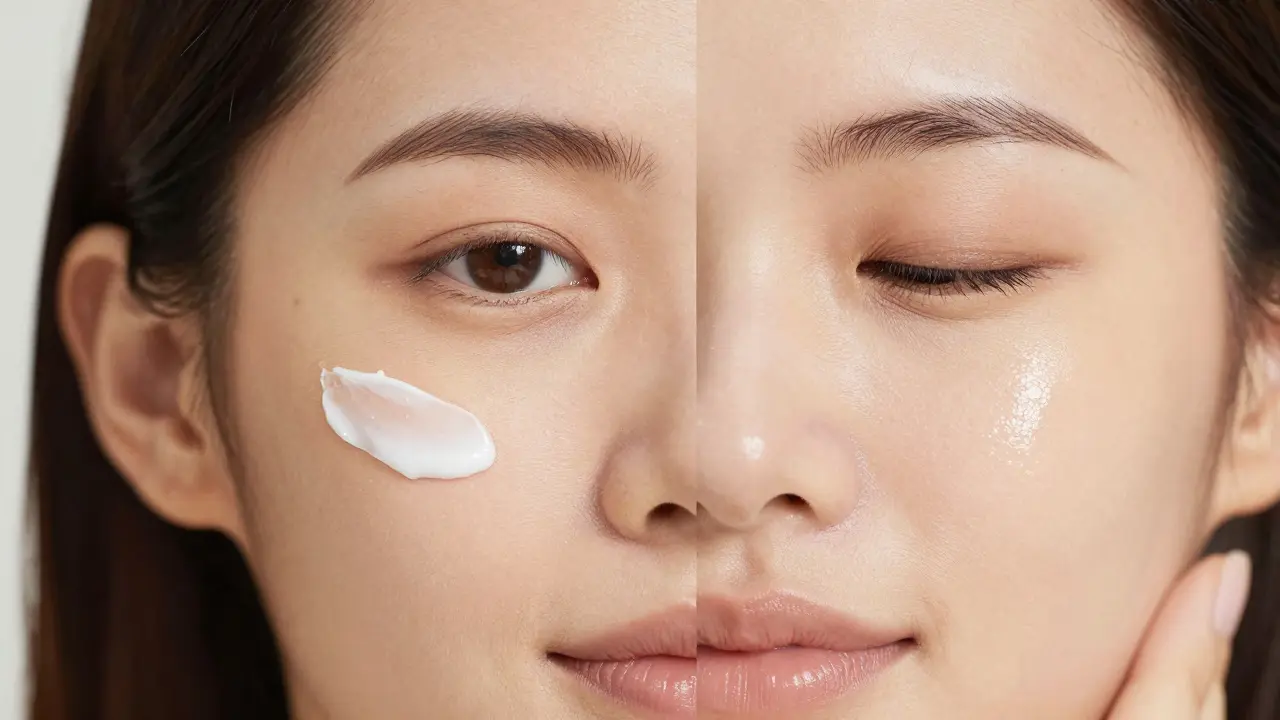 Porovnání pleti s a bez séra: jedna strana zdravá a zářivá, druhá suchá a nejednotná.