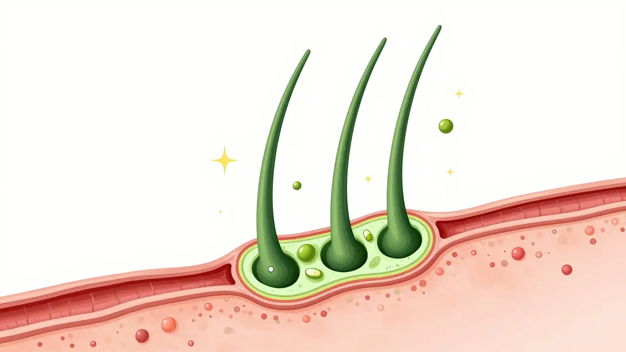 Přehled vlasového folikulu s krevními cévami dodávajícími živiny, stylizovaný jako biologický symbol růstu.