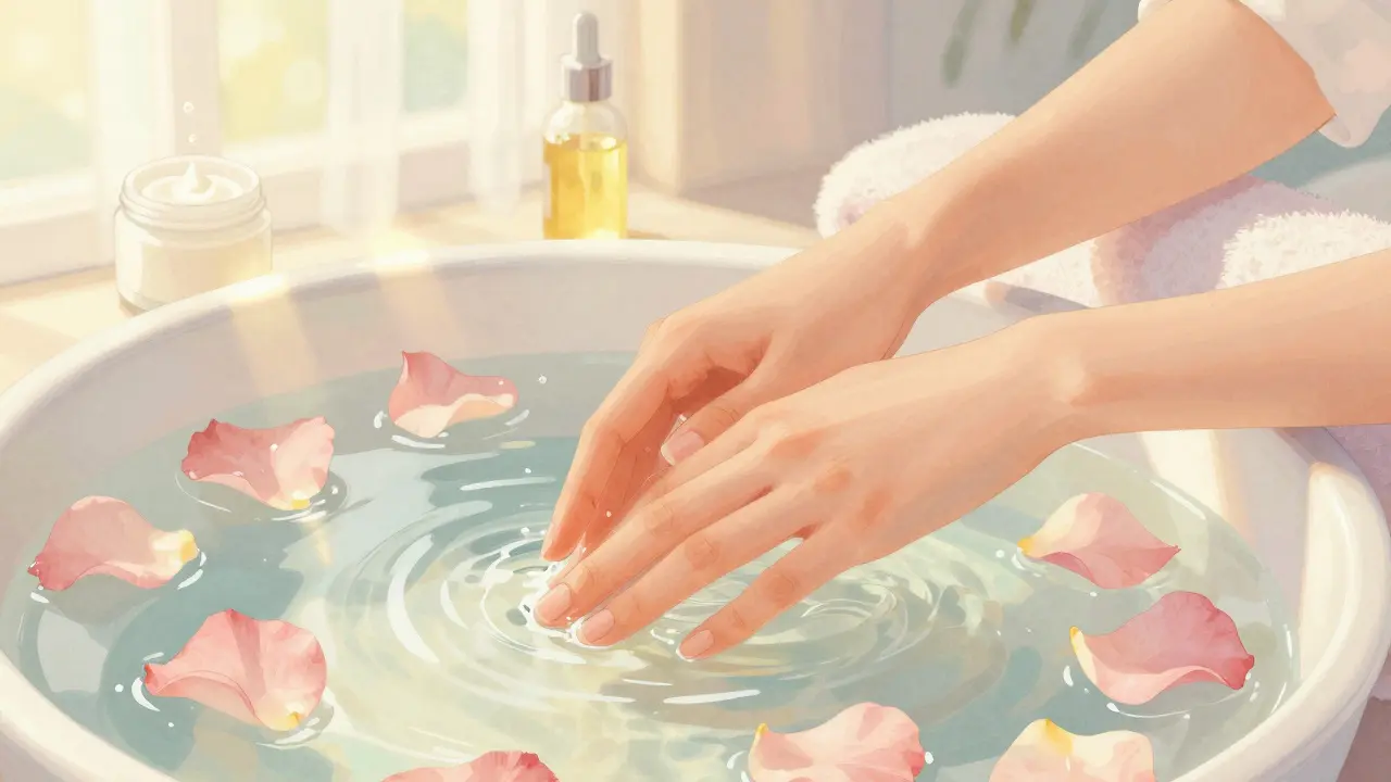 Příprava rukou před manikúrou v relaxačním prostředí