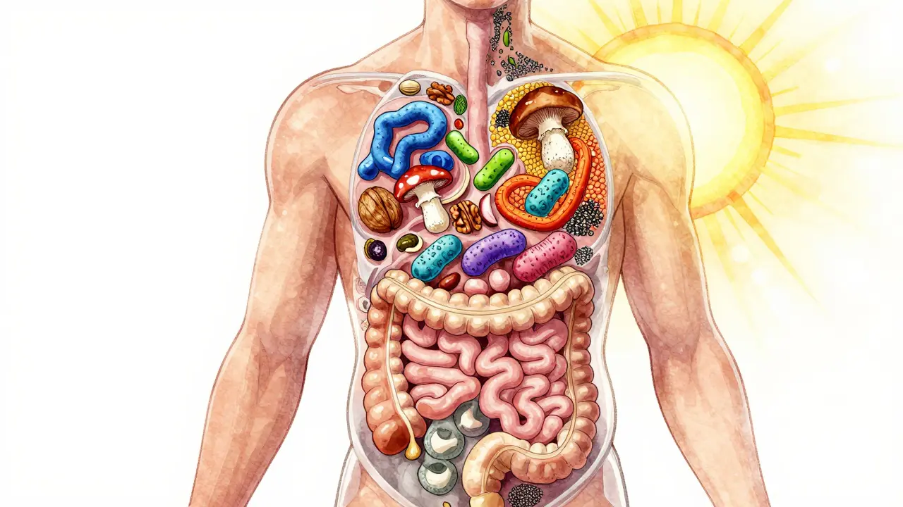 Průhledný lidský tělo s živým střevním mikrobiomem a přirozenými zdroji živin.