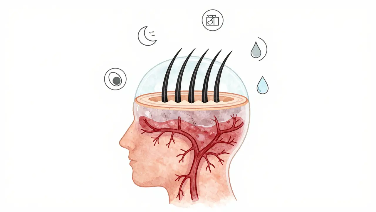 Průřez hlavou s viditelnými folikuly, krevními cévami a symboly výživy podporujícími růst vlasů.
