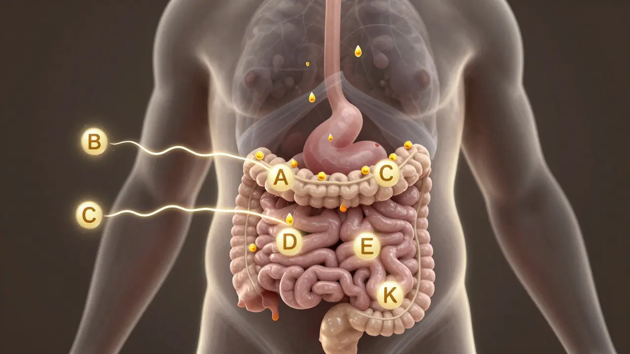 Průřez tělem ukazující vstřebávání tukově rozpustných a vodně rozpustných vitamínů.