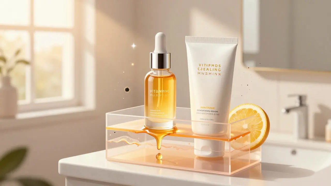 Ranní péče o pleť: sérum s vitamínem C proniká do kůže pod slunečním filtrem.