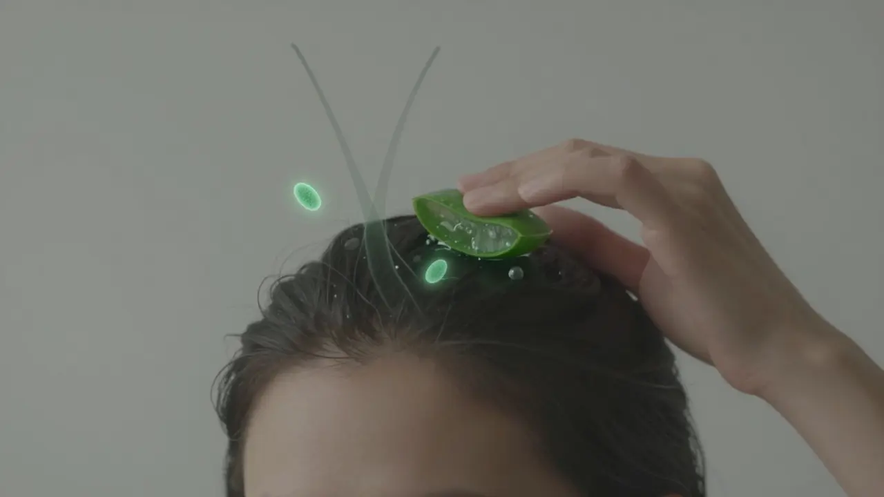 Ruka aplikující aloe veru na kůži hlavy, s jemně zářícími probiotickými bakteriemi a růstovým vlasovým folikulem.