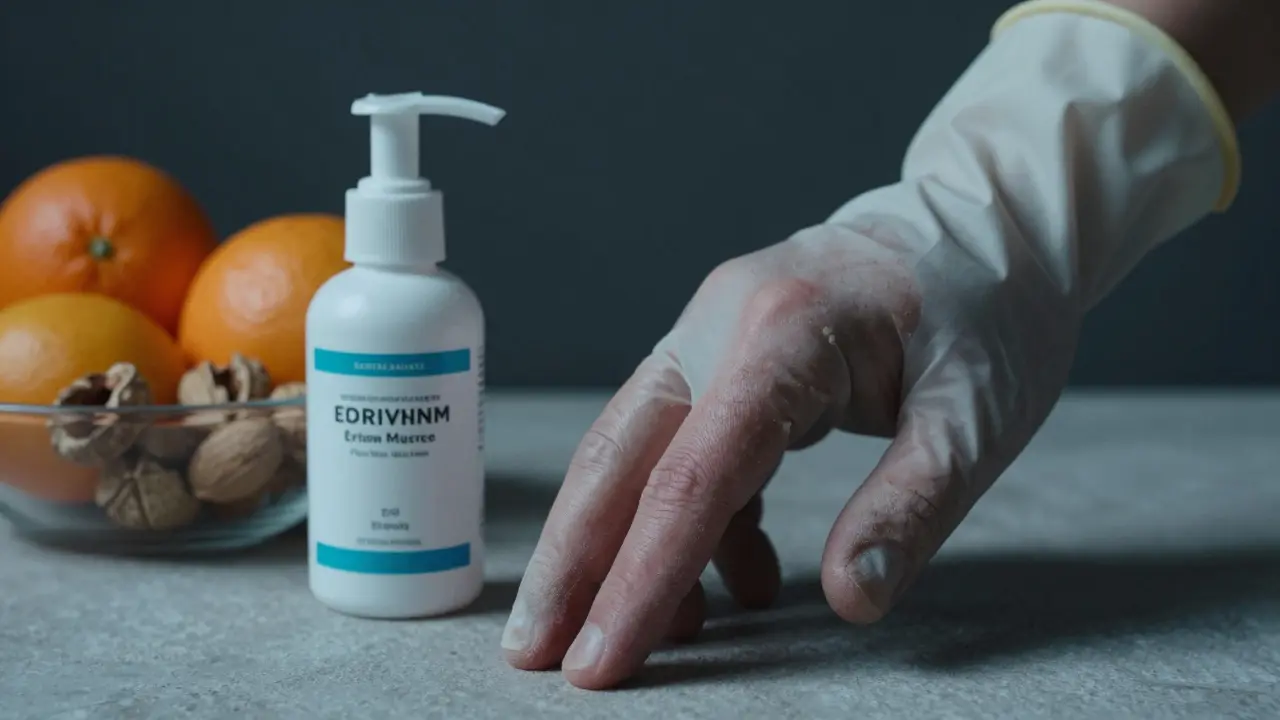 Ruka v ochranných rukavicích vedle zdravých potravin pro hojení.