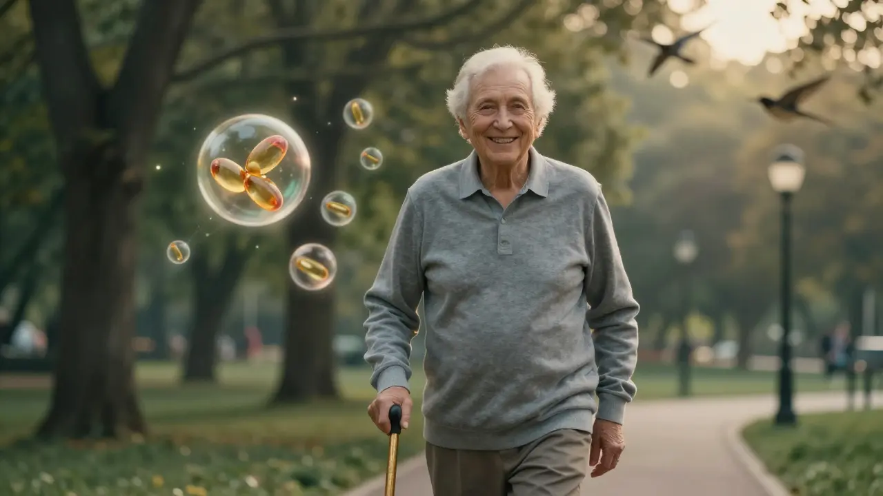 Starší osoba kráčí v parku, kolem ní průhledné molekuly podporující klouby.