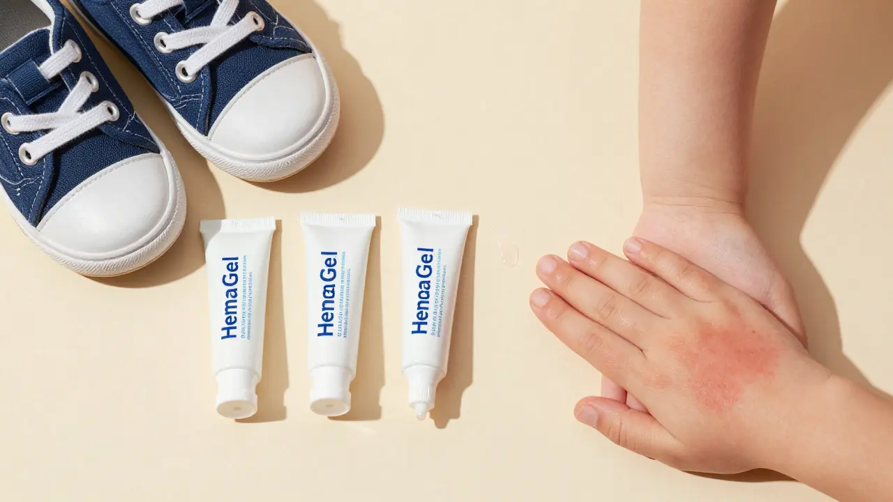 Tři balení HemaGelu vedle dětských bot a popálené ruky.