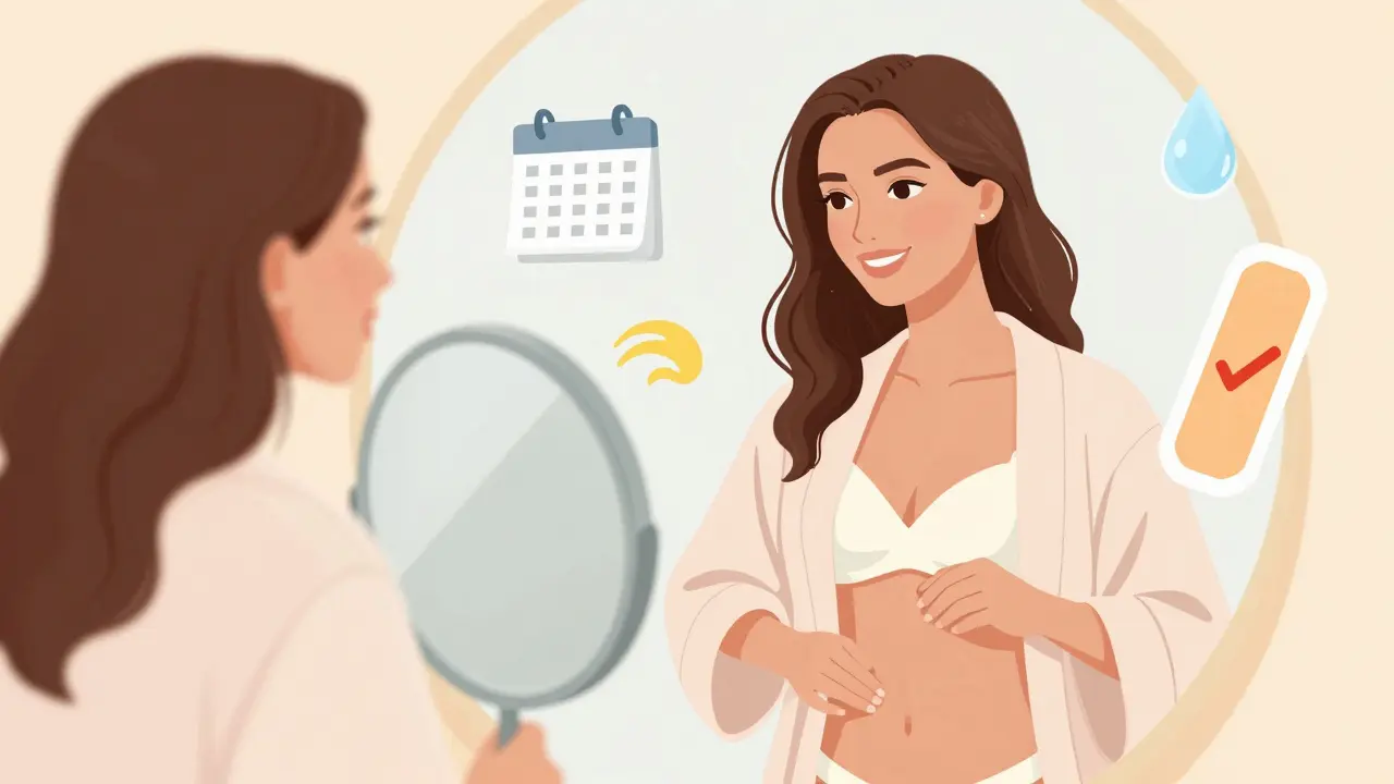 Žena se usmívá do zrcadla, vidí hladkou kůži, kolem ní symboly přípravy a klidu.