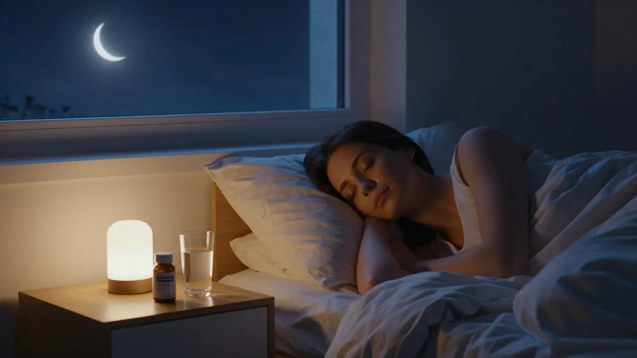 Žena spí v klidné, bezobrazovkové ložnici při měsíčním světle.