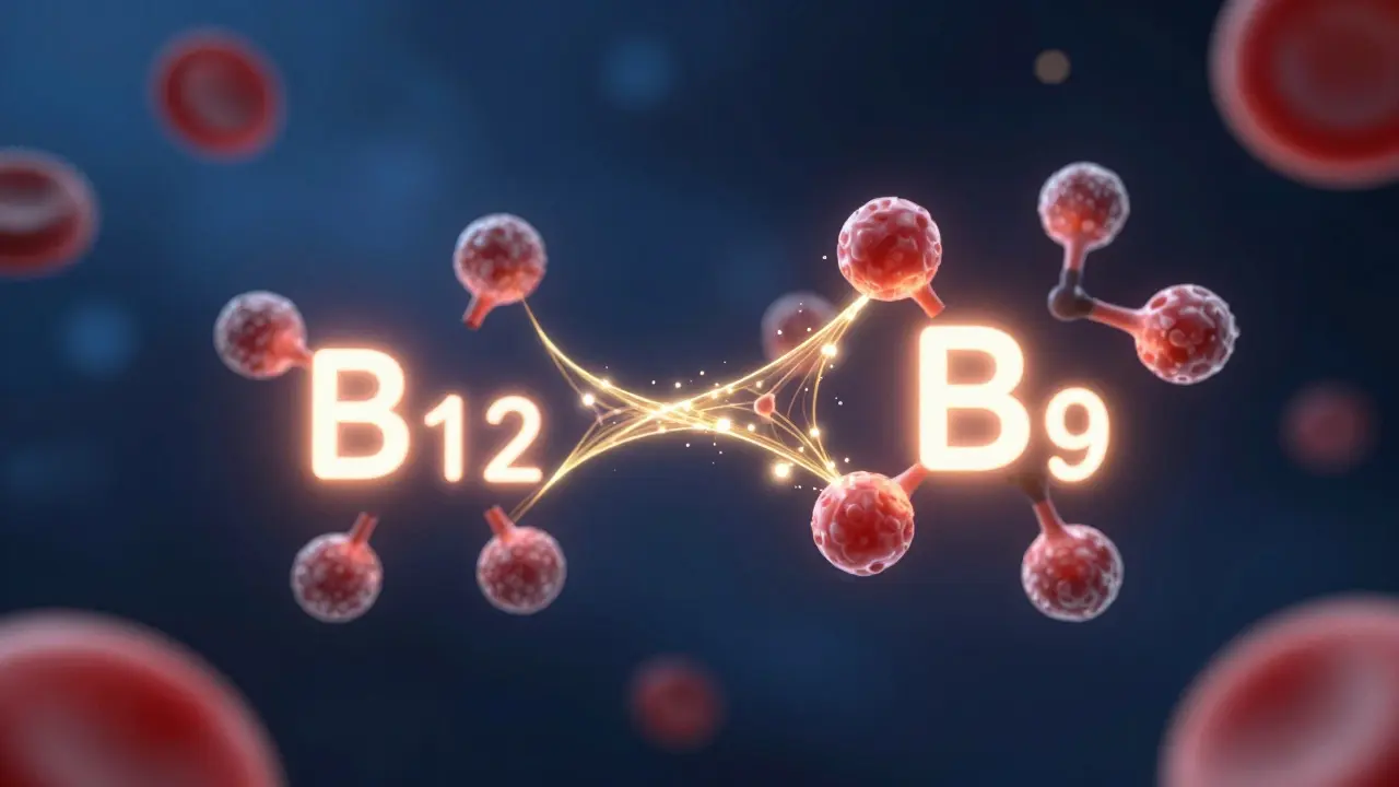 3D ilustrace molekul vitamínu B12 a B9 symbolizující jejich společný účinek.