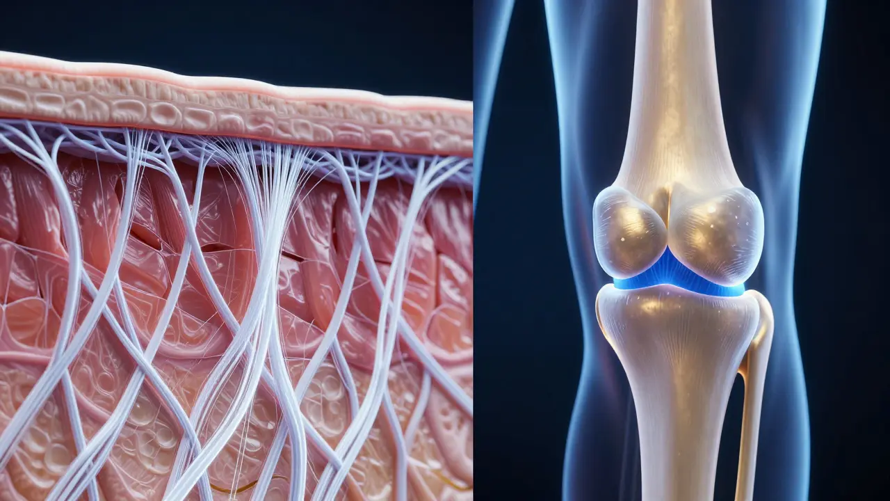 3D vizualizace kolagenu typu I v pleti a kolagenu typu II v chrupavce kolenního kloubu.