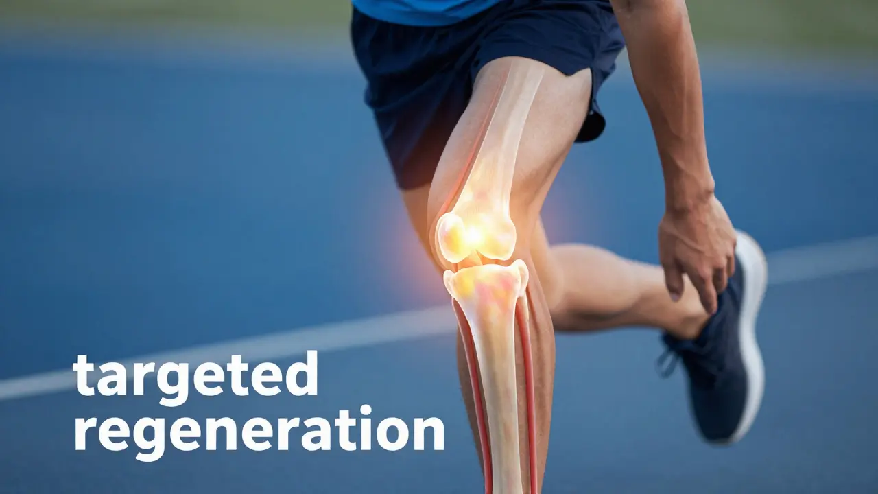 Detail kloubu v pohybu s vizualizací regenerace tkání během sportu