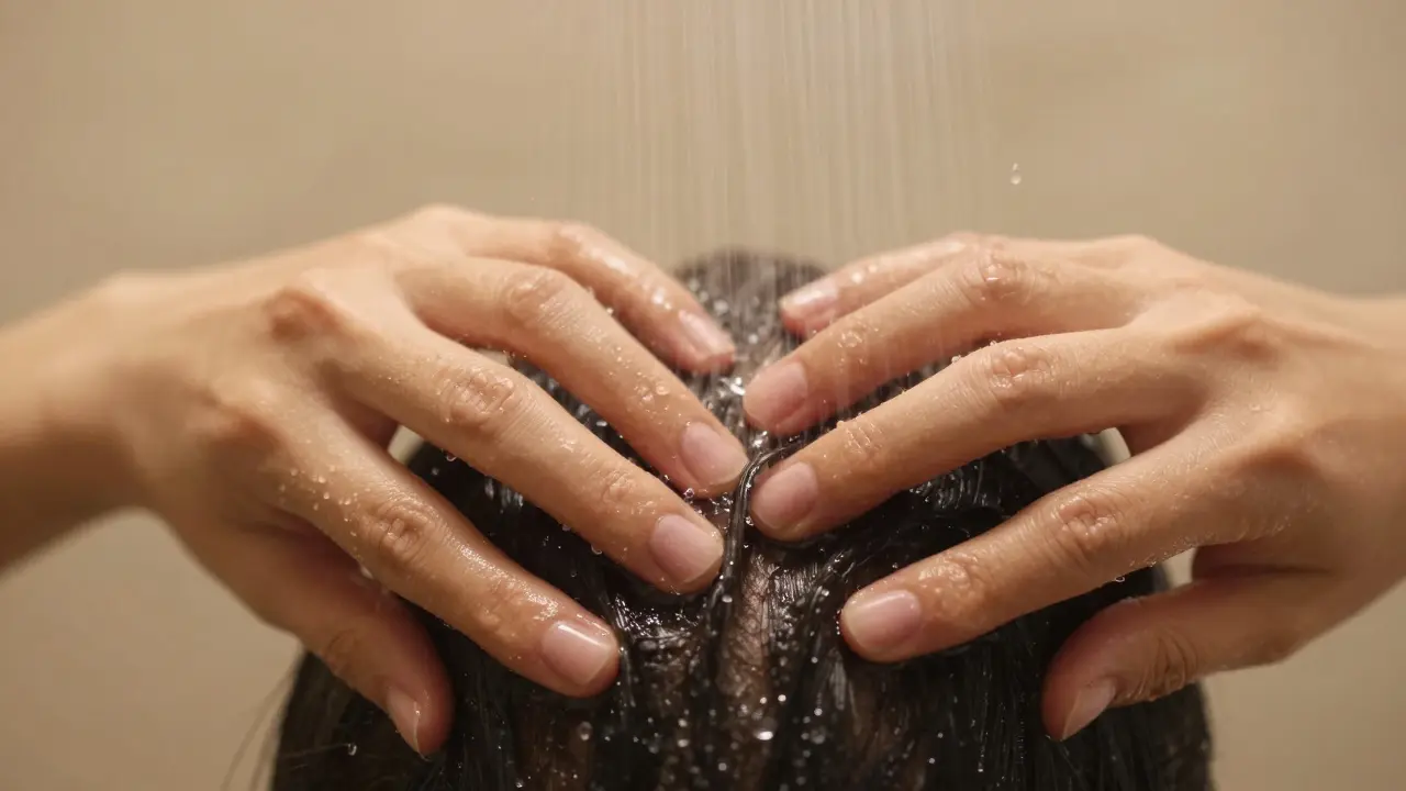 Detail rukou jemně masírujících pokožku hlavy pod proudem vody v sprše.