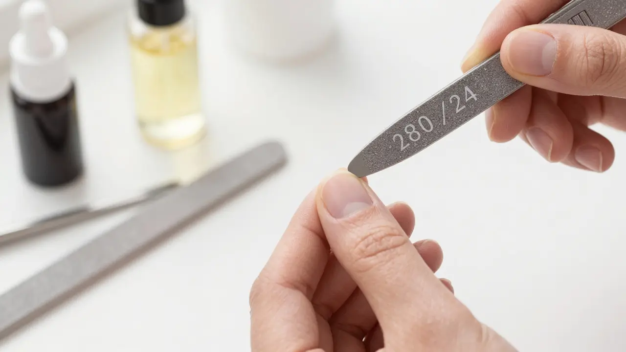 Detailní pohled na pilování nehtu pro dosažení symetrického mandlového tvaru.