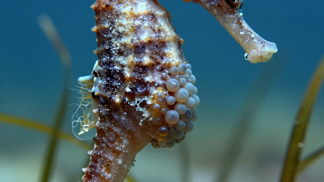 Detailní pohled na vajíčkový vak samce mořského koníka při inkubaci potomstva.