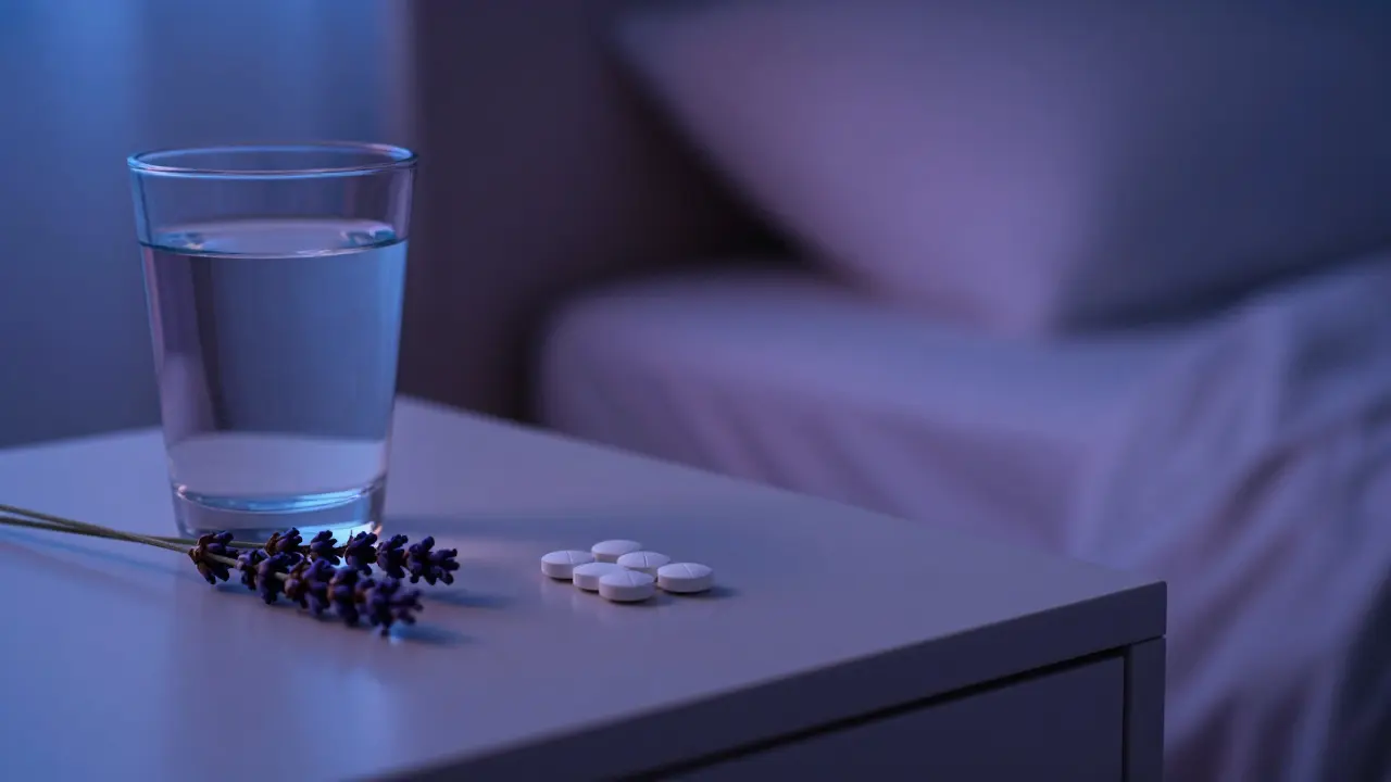 Hořčíkové tabletky u sklenice vody na nočním stolku v uklidňujícím světle.