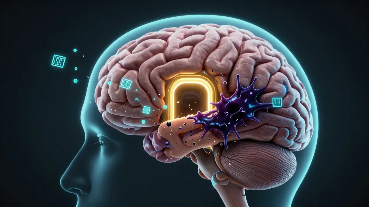 Ilustrace hipokampu v mozku, kde alkohol znemožňuje ukládání vzpomínek.